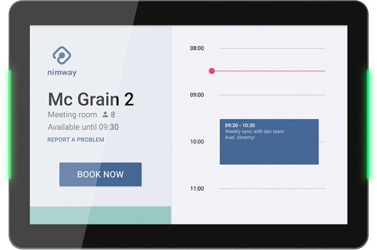 Nimway in a tablet shows room availability clearly, and allows for real-time booking with a single button