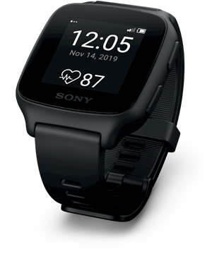 Picture of mSafety's black wearable device, with black & white screen