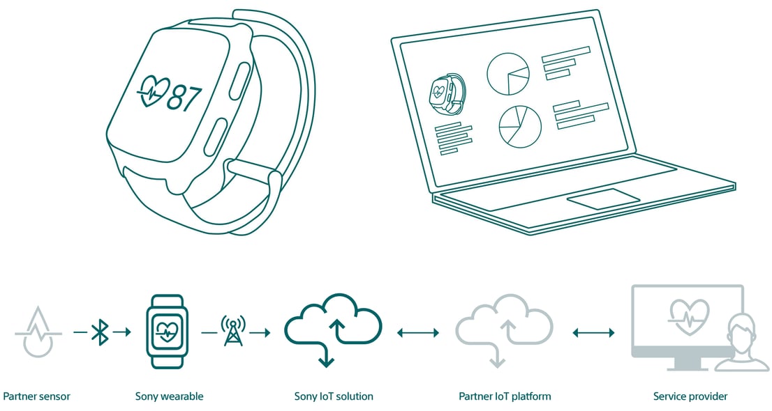 Example of the chain full service chain: a partner sensor, a Sony wearable, an IoT system from Sony, partner IoT platform and a Service provider.
