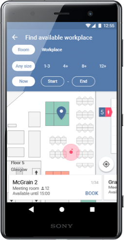 The Nimway solution on your phone allows for finding both rooms and workplaces suitable to your current needs
